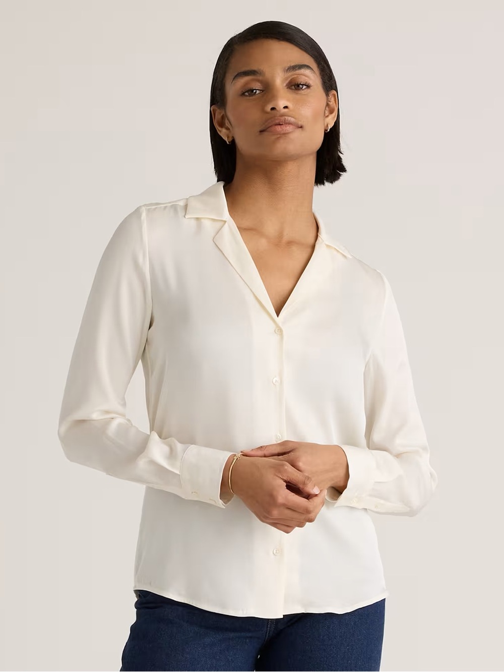Washable Stretch Silk Notch Collar Blouse